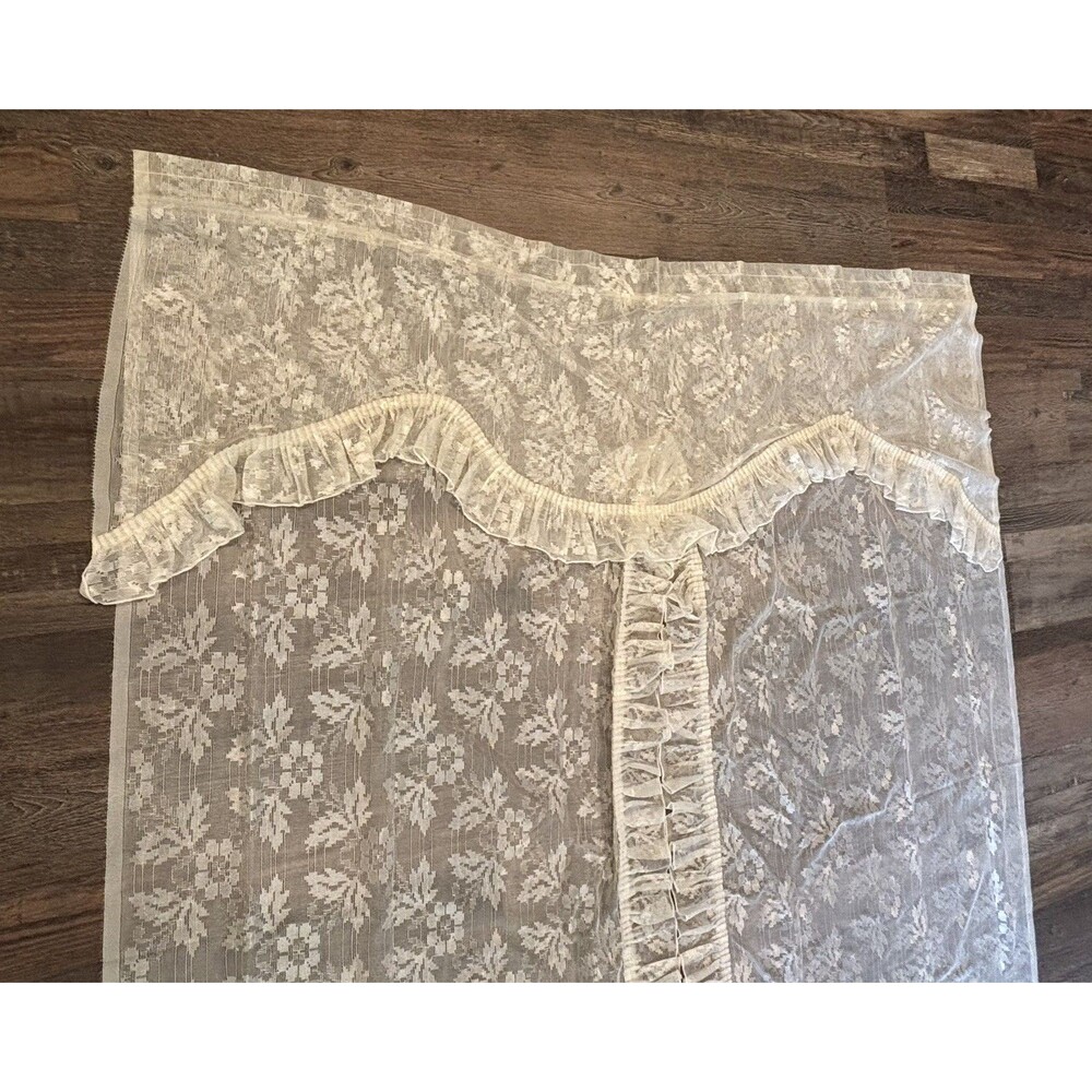 Vtg Ivory Floral Lace Curtain Ruffled Edges Attached Valance 58x84 Cottage Core - Picture 9 of 16